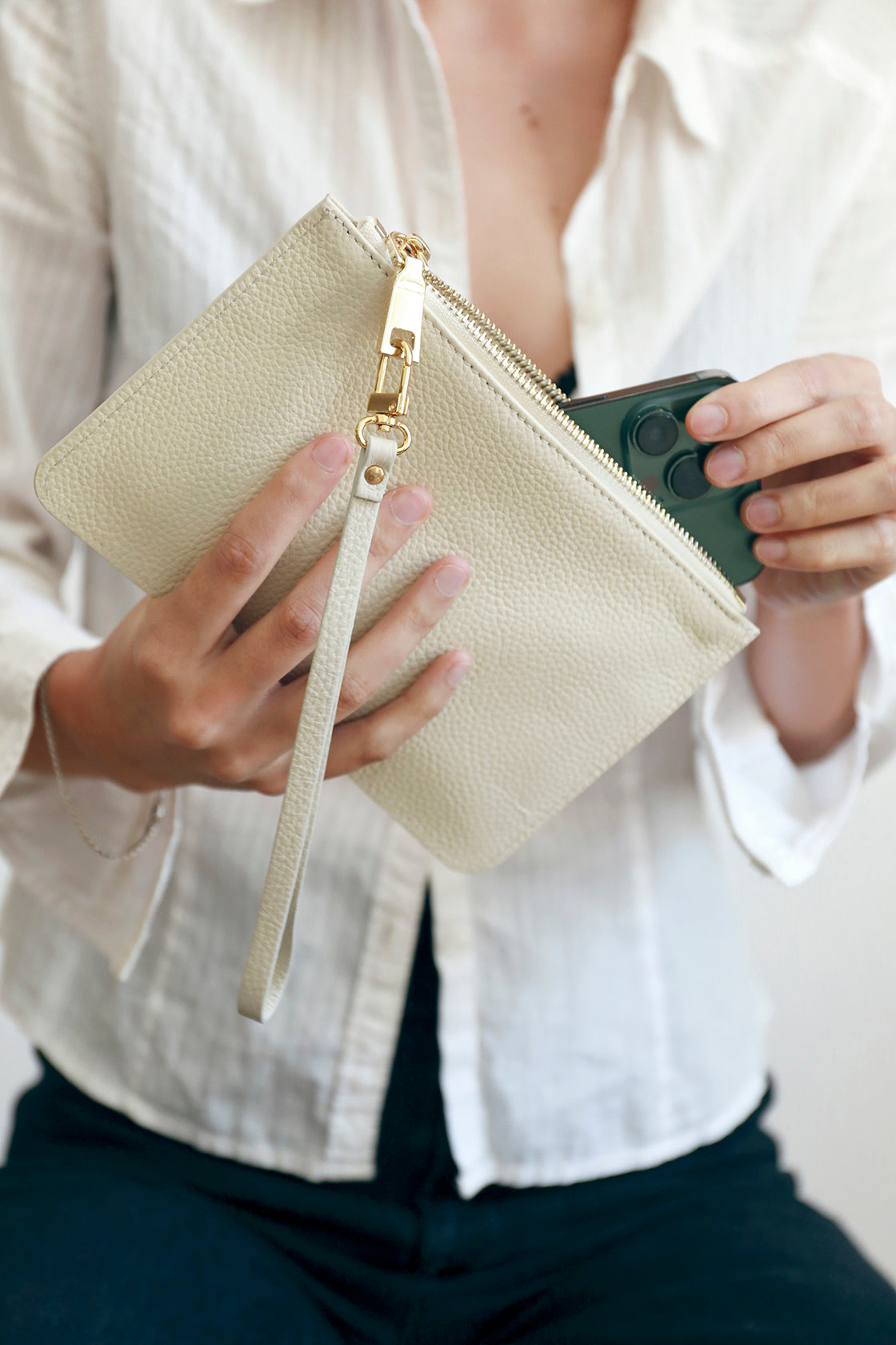 Leather Clutch Wristlet | Cream Gold