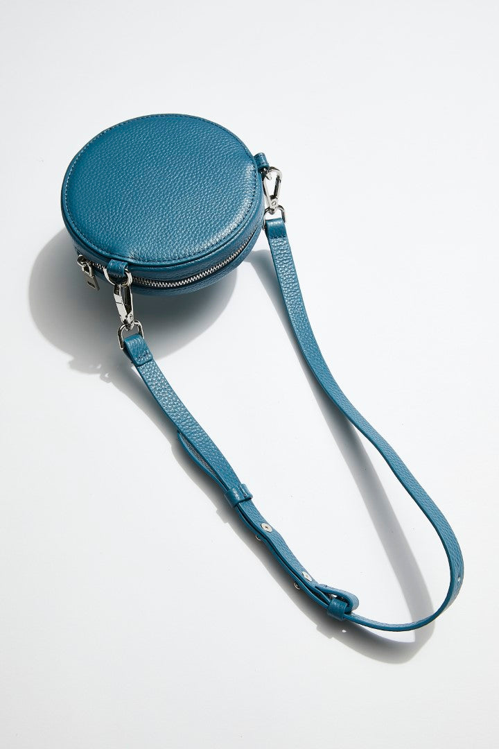 mon purse sky blue circle bag with silver hardware back view
