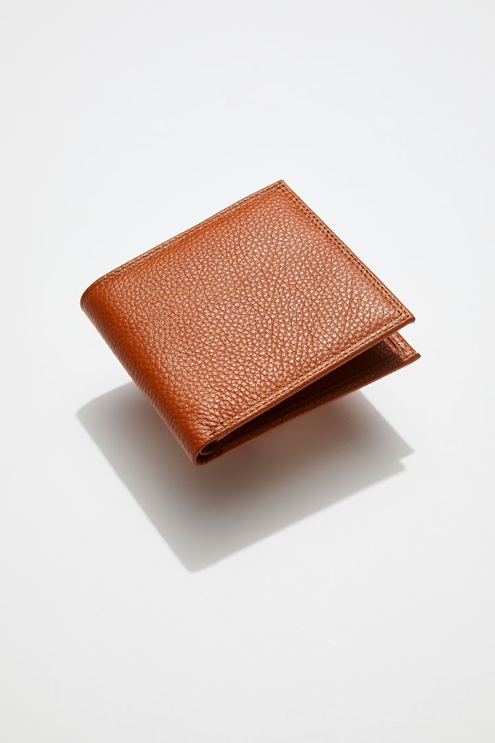 front view of MON Purses' camel brown pebbled leather men's billfold wallet