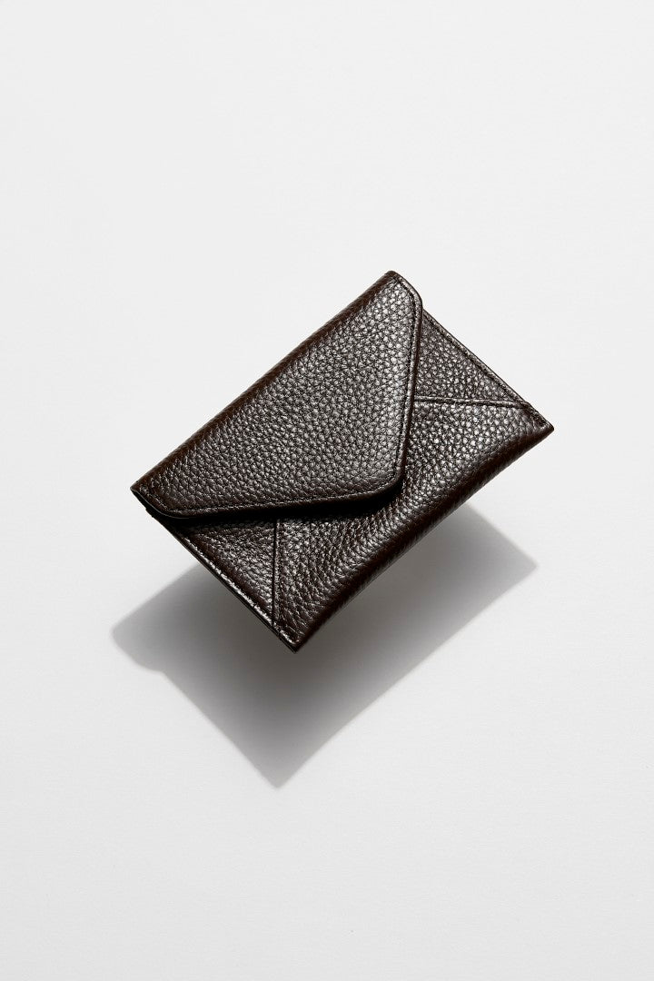 front view of mon purses' chocolate brown pebbled leather envelope card holder