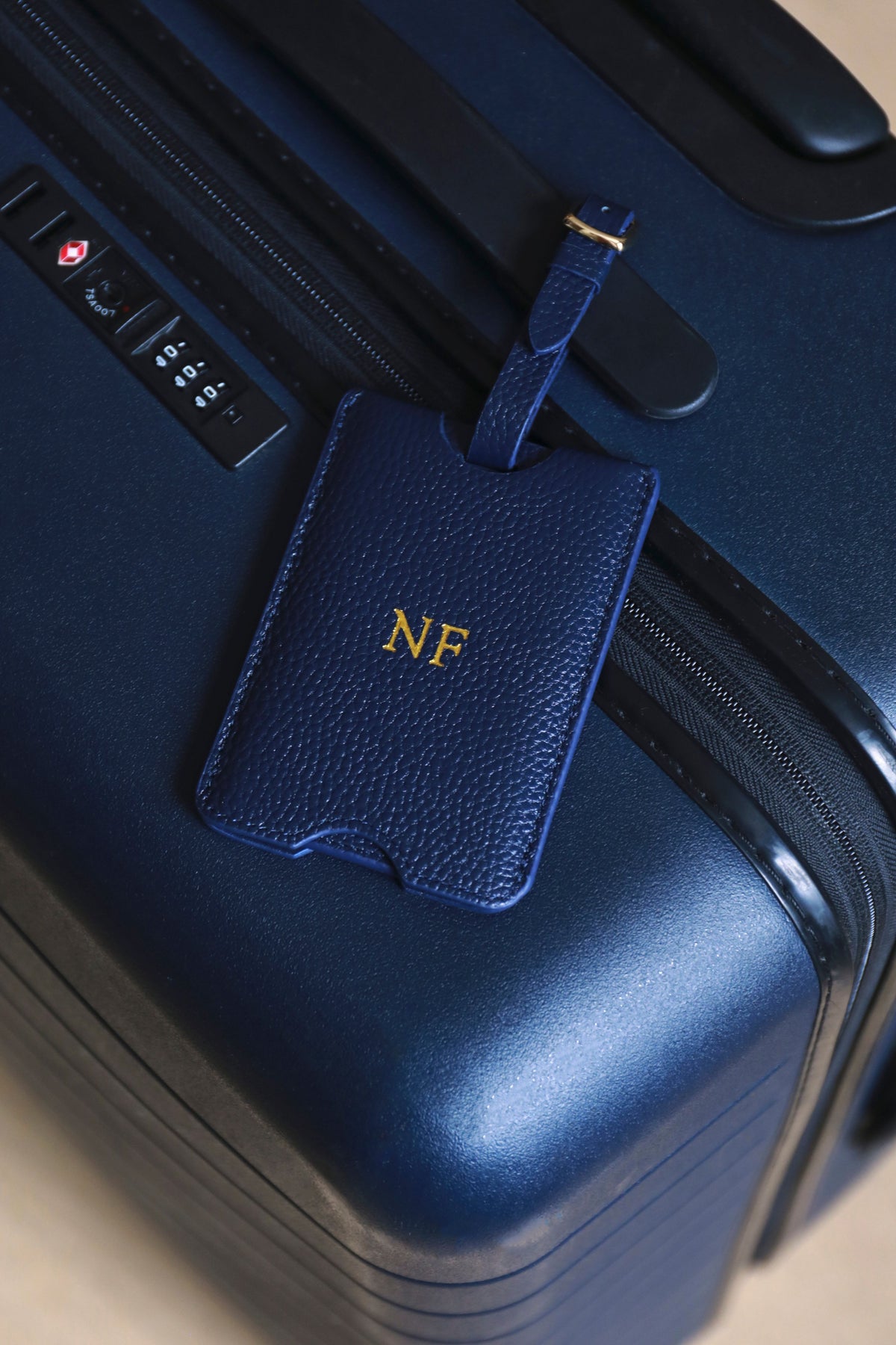 Personalised Leather Luggage Tag | Navy Gold