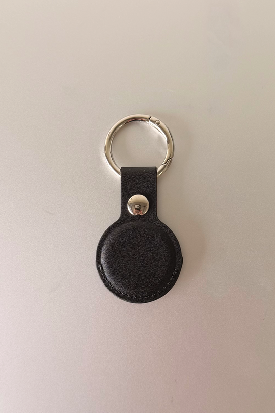 Vegan Leather AirTag Circle Keyring | Black Silver