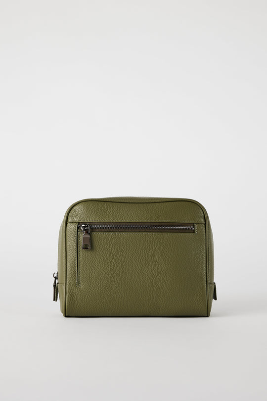 Personalised Leather Toiletry Bag | Olive Green Gunmetal