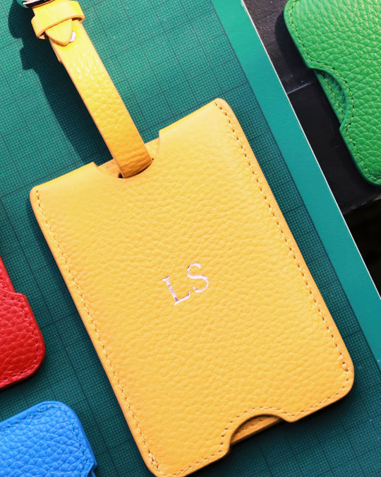 Personalised Leather Luggage Tag | Yellow Silver