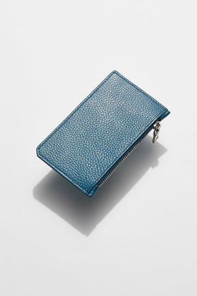 vack view of mon purse's sky blue pebbled leather maxi card holder with a silver zip closure