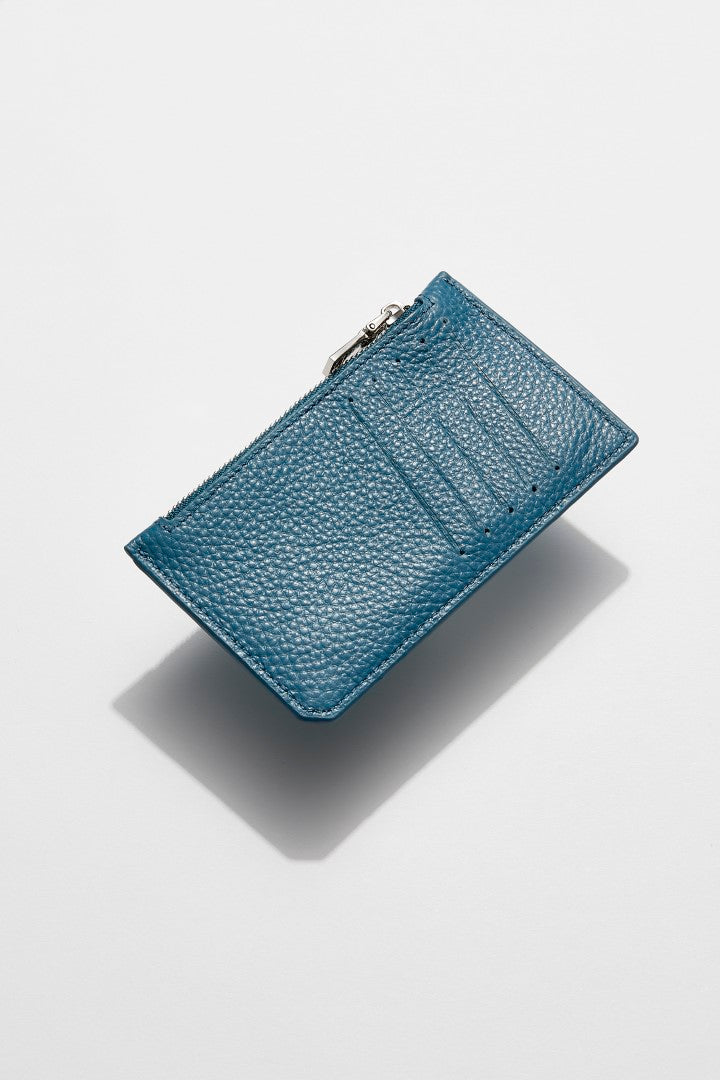 mon purse's sky blue pebbled leather maxi card holder with 4 slots for cards and a silver zip closure pocket for coins