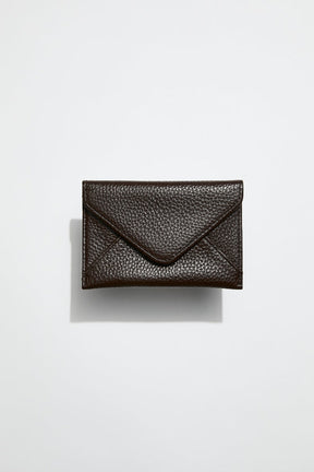 front view of mon purses' chocolate brown pebbled leather envelope card holder