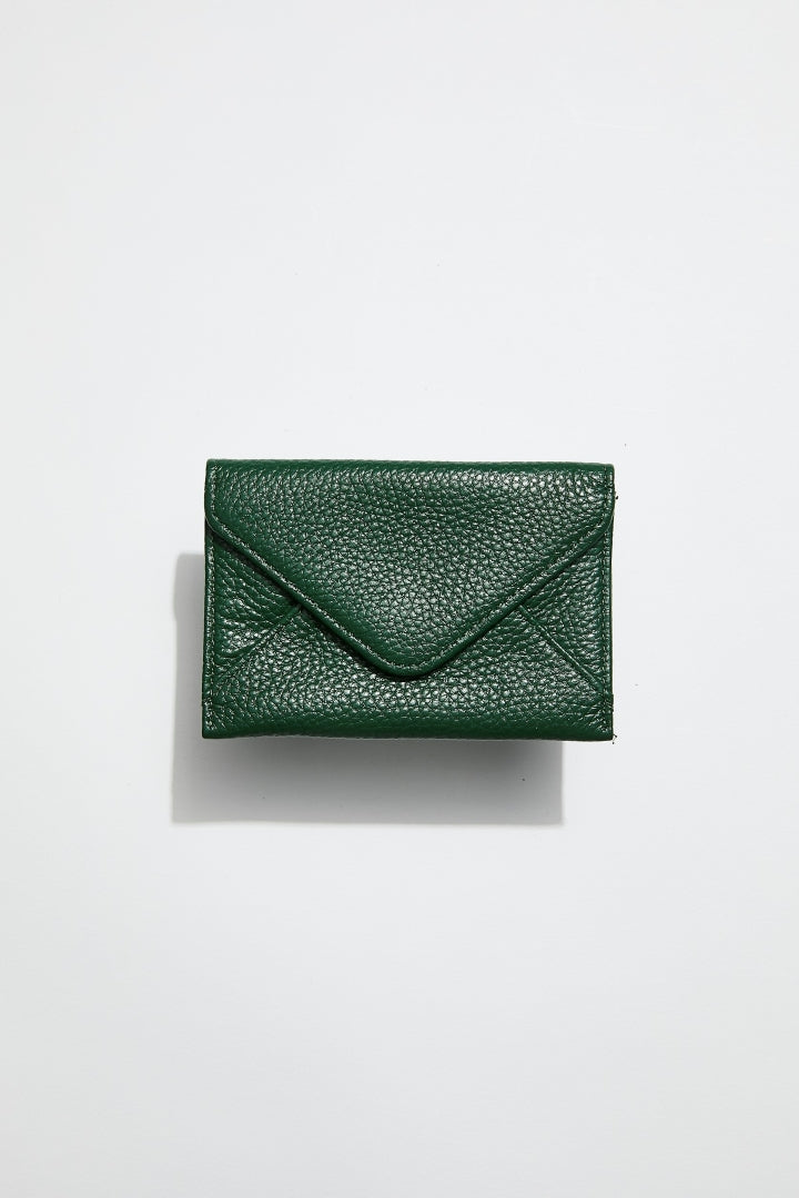 front view of mon purses dark green pebbled leather envelope card holder 