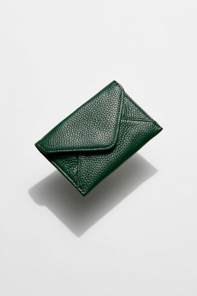 front view of mon purses dark green pebbled leather envelope card holder 