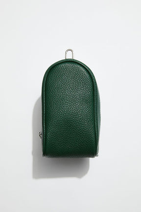front view of mon purses' dark green pebbled leather golf pocket with silver hardware