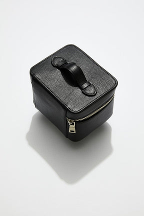 back view of mon purses' personalised black leather jewellery box  with silver hardware