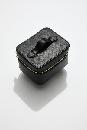 front view of mon purses' personalised black leather jewellery box  with silver hardware